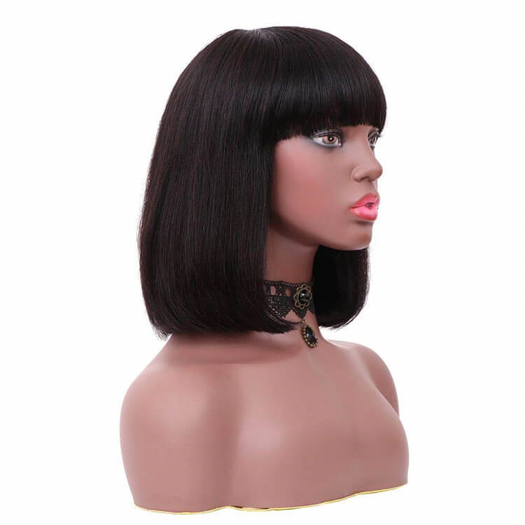 Short Bob Wigs 10A Brazilian Straight Human Hair Glueless Machine Made None Lace Wig with Flat Bangs for Black Women Natural Black Color Free Part 130