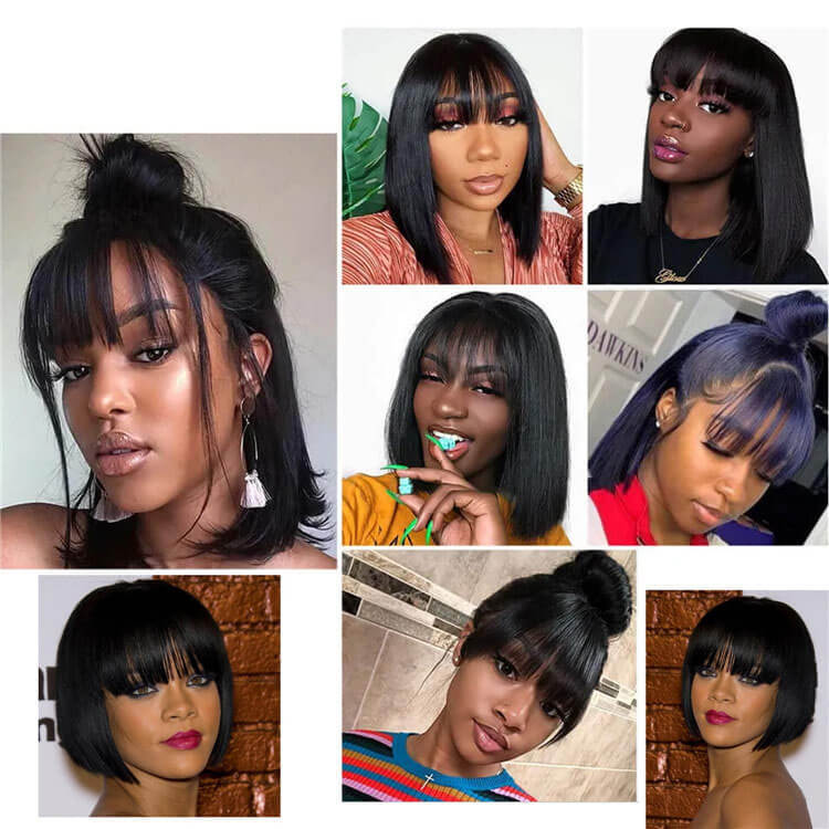 Short Bob Wigs 10A Brazilian Straight Human Hair Glueless Machine Made None Lace Wig with Flat Bangs for Black Women Natural Black Color Free Part 130