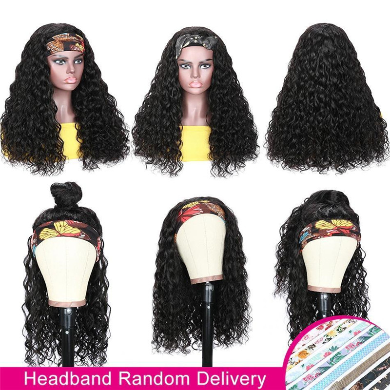 Headband Wig Water Wave Human Hair Wig 150% density Hair Band No Glue Real Hairline