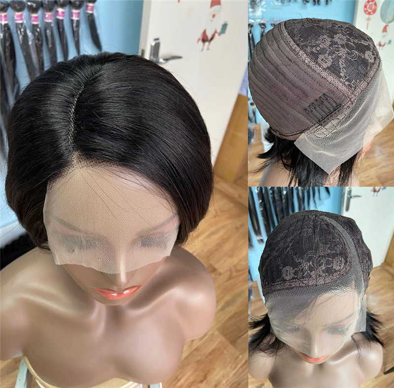 Short Pixie Cut Bob Wig Straight Human Hair 150%Density Lace Front Bob Wigs J-Part Lace Frontal Wig for Black Women Pre Plucked