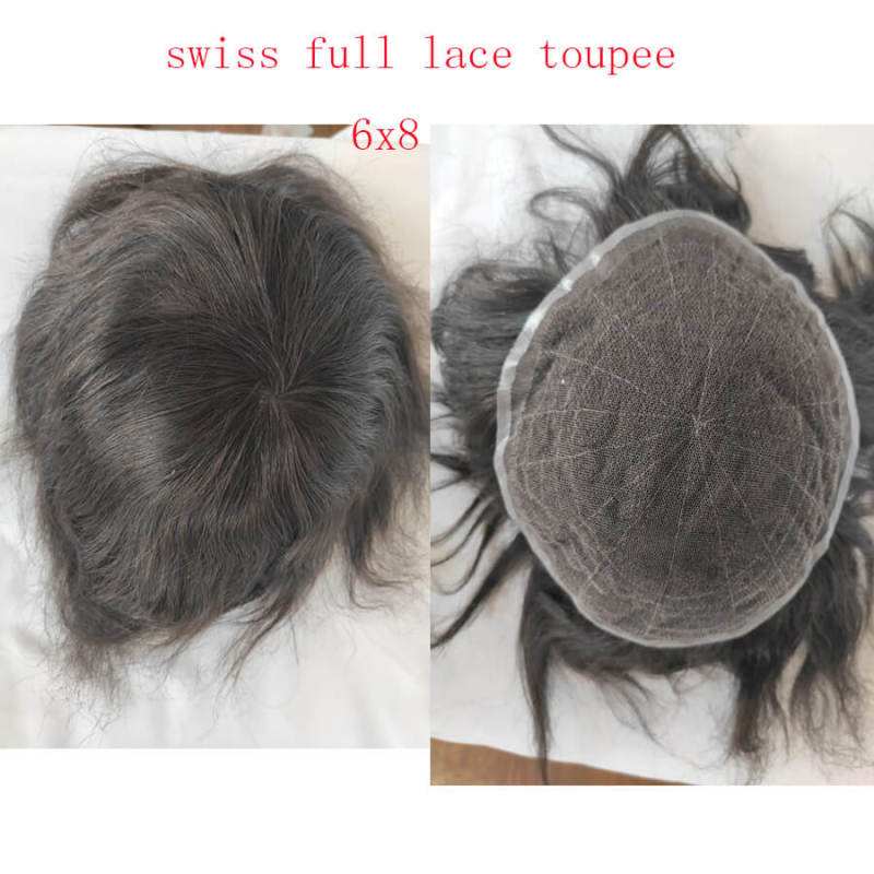 Toupee for Men Human Hair Full Swiss Lace 6×8 Inches Base Man's Hair Replacement Systems Soft Bleached Lace Hairpiece Natural