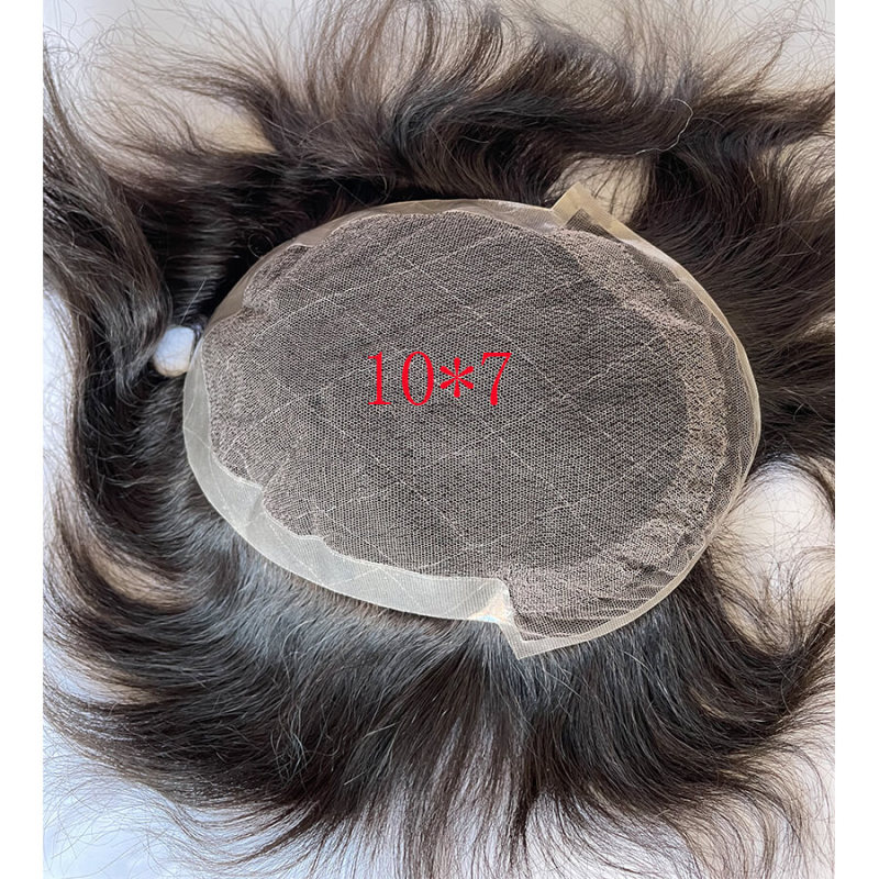 In Stock Toupee for Men European Human Hair Pieces for Men 10X7"Lace and Around PU Hair Replacement System for Men Natural Wavy