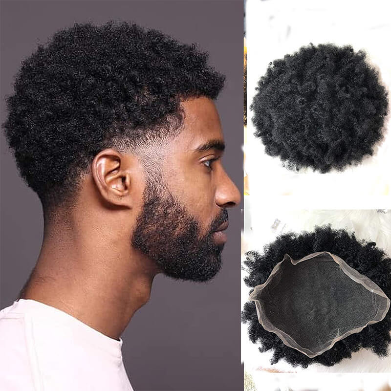 Toupee 10x8 Inch Replacement Full Siwss Lace Hairpiece for Men 100% Virgin Human hair #1B Color Afro Curly Toupee Men Wig Curl