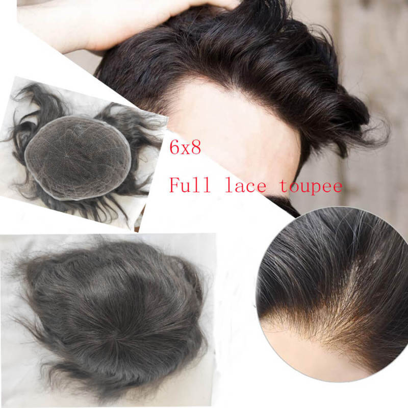 In Stock Toupee for Men European Human Hair Pieces for Men 10X7"Lace and Around PU Hair Replacement System for Men Natural Wavy