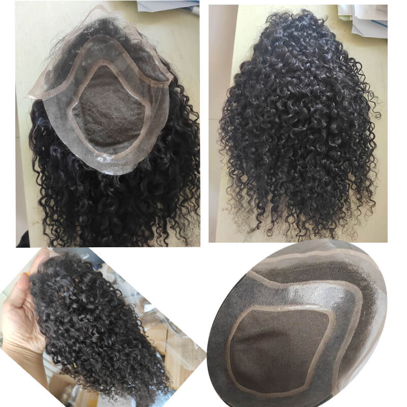 Kinky Curly 12 Inch Long Human Hair Toupee for Men 10x8 Hairpieces Human Hair Mens Toupee Mono Net with PU around Natural Color