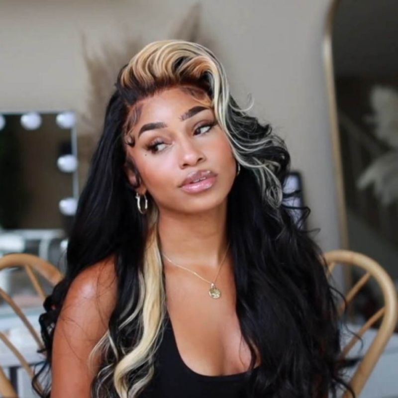 Human Virgin Hair Skunk Stripe Hairstyle Black Wig With 613 Blonde Highlights Body Wave Lace Front Wig And 13x4x1 T Part Lace Wig For Black Woman