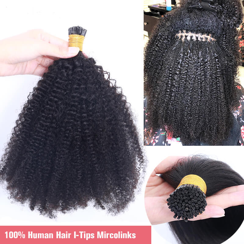 Afro Kinky Curly Human Hair 4B 4C I Tips Microlinks Brazilian Virgin Hair Extensions Hair Bulk Knots Black Color For Women