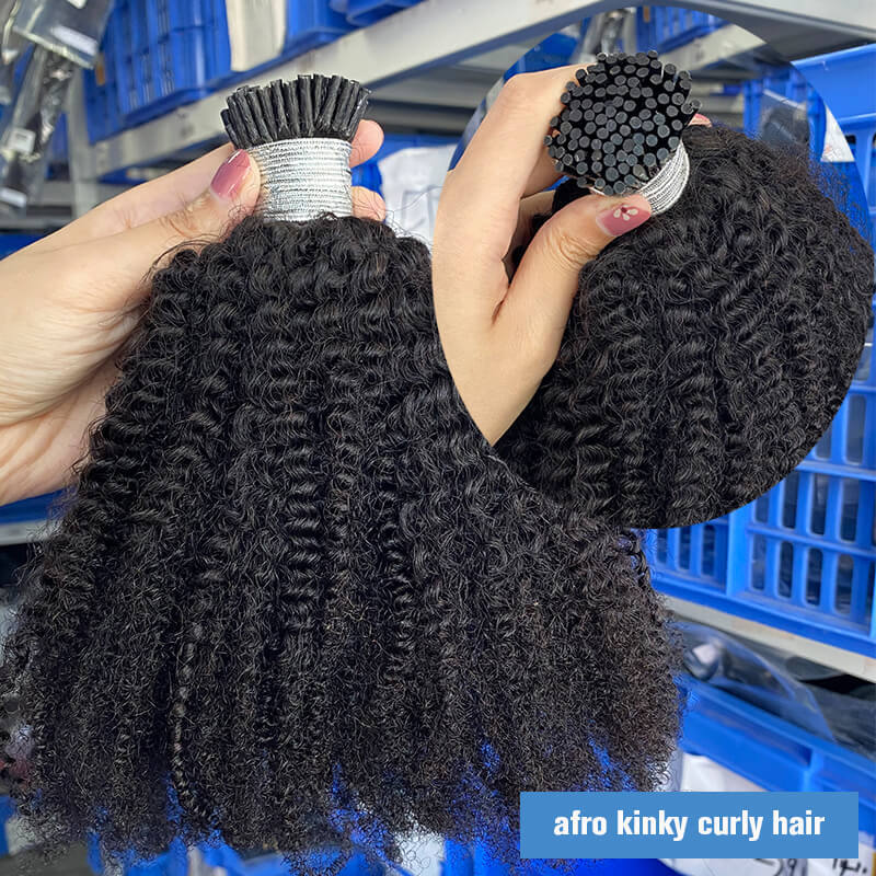 Natural Black Afro Kinky Curly I Tip Microlinks Human Hair Extensions For Women Mongolian Kinky Curly Human Hair 3 Bundles