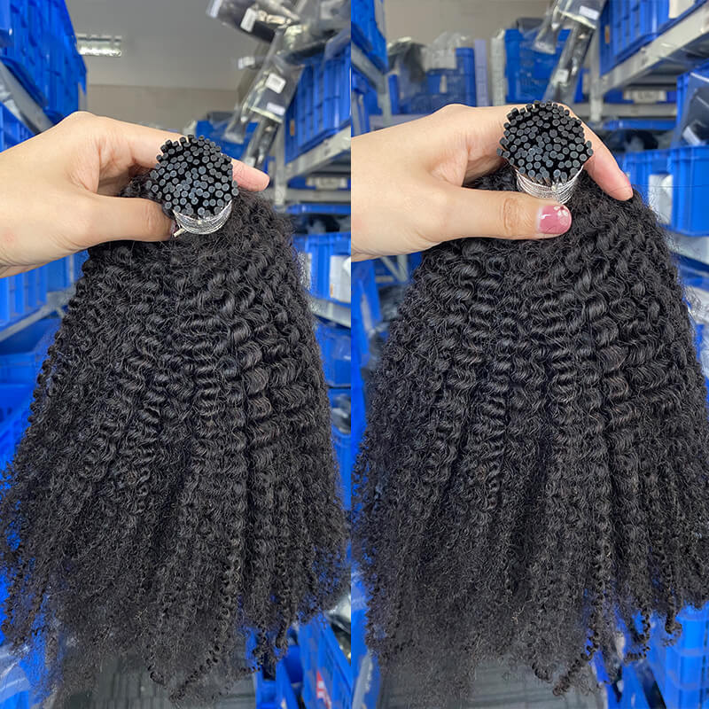 Natural Black Afro Kinky Curly I Tip Microlinks Human Hair Extensions For Women Mongolian Kinky Curly Human Hair 3 Bundles