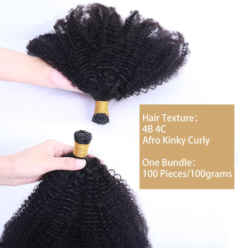 Afro Kinky Curly Human Hair 4B 4C I Tip Microlinks Brazilian Virgin Hair Extensions Hair Bulk Black Color For Women 3S Salon