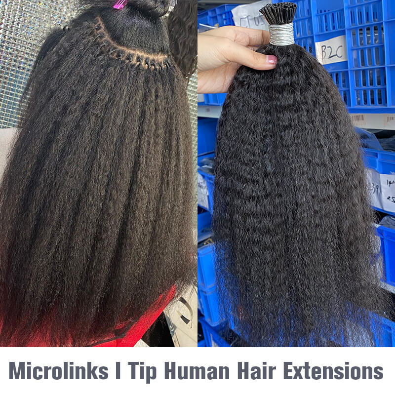 I-Tip Kinky Straight Coarse Human Hair Bundles Natural Black Textured Blown Out Microlinks I Tip Human Hair Extensions For Women