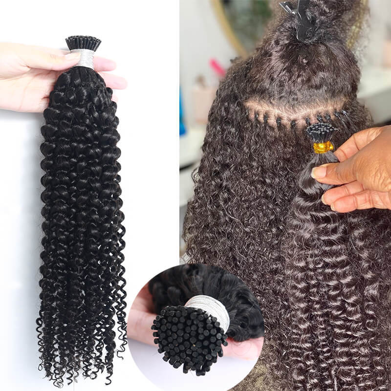 3C 4A Kinky Curly I Tip Microlinks Human Hair Extensions Mongolian Virgin Hair Extension Bulk Hair Natural Black Color For Women