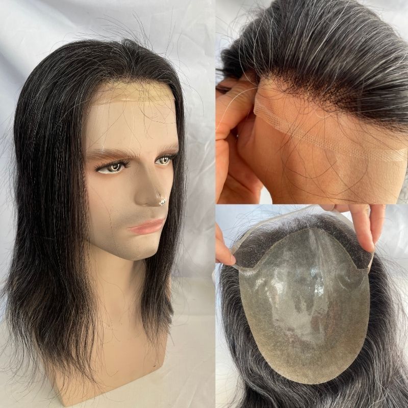 Toupee For Men Hair Replacement PU Base With Frontal Swiss Lace Net Human Hair Mixed 20% Chemical Fiber Gray Hair 10x8 Make natural front hairline