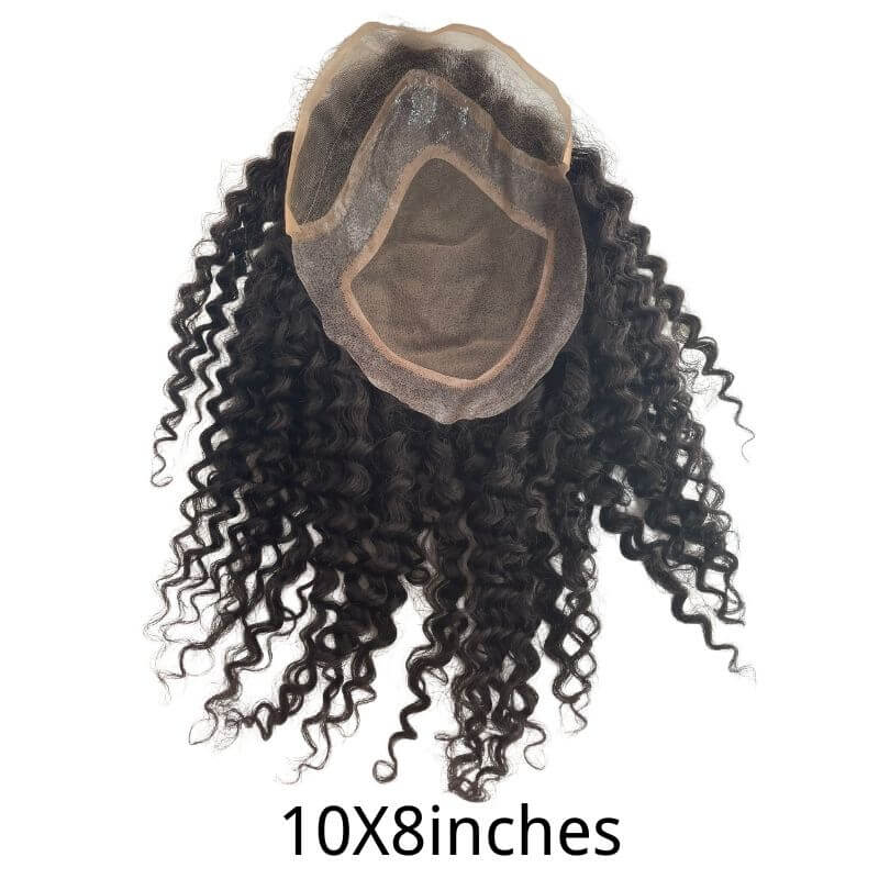 Men's Toupe Curly 12 Inch Long Human Hair 10x8 Hairpieces Human Hair  1B Color Mono Net with PU around