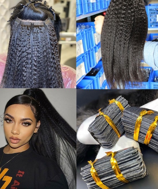 Kinky Straight Tape Hair Extensions Real Human Hiar Virgin Brazilian Hair Tape In Hair  Adhesive For Black Woman