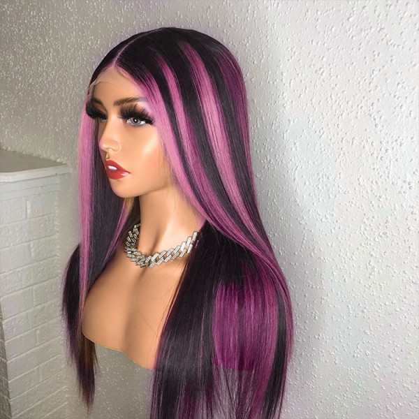 Skunk Stripe Human Virgin Hair Pink Highlights WIth Black Hair Wig With Lace Front Wig For Black Woman