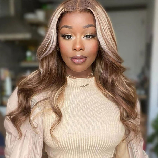 Blonde With Brown Skunk Stripe Wigs Human Virgin Hair Hairstyle Wig Highlights Straight Mixed Lace Front Wig #P4/613 Colored Wig