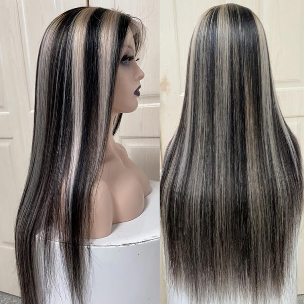 Original Platinum Blonde Skunk Stripe Wigs Human Virgin Hair Hairstyle Wig Highlights Straight Mixed Lace Front Wig For Black Woman