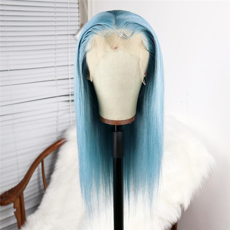 Light Water Blue Lace Front Brazilian Remy Human Hair Wig Straight Wigs with Baby Hair Wigs for Women