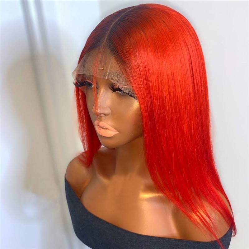 13x4 Deep Part Transparent Lace Red Lace Front Human Hair Wigs 150% Straight Remy Hair Ombre Red Colored Human Hair Bob