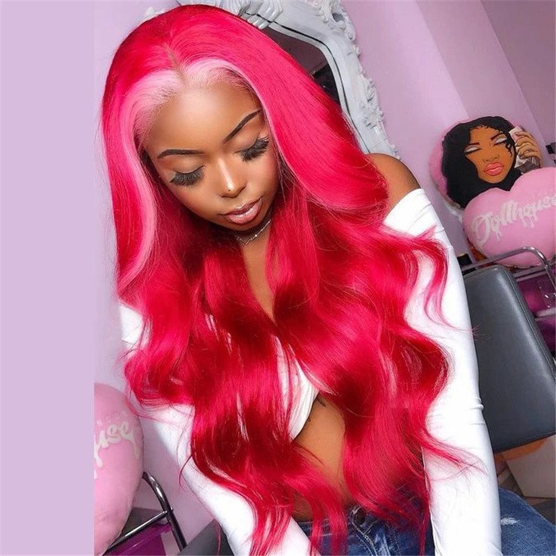 Ombre Wig Red Highlight Pink Body Wave & Straight Virgin Human Hair Lace Front Wig With Baby Hair