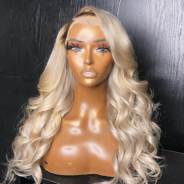 Peruvian Hair Ash Blonde Dark Brown Root Lace Front Wig