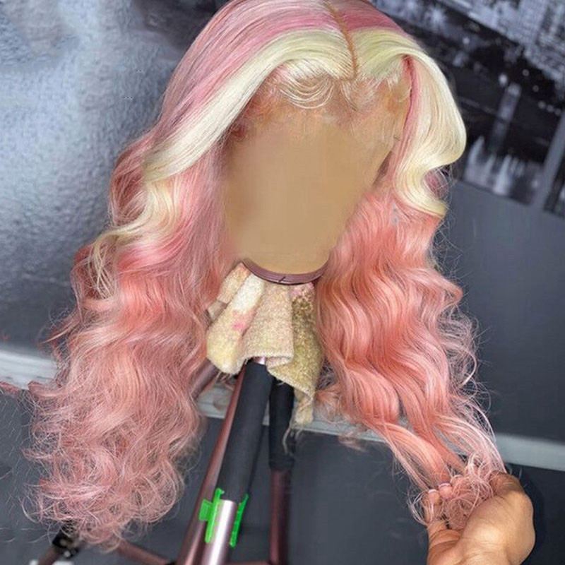 Highlight Grey Pink Wig Body Wave Ombre Colored Human Hair Wigs For Women Brazilian Remy Blonde Blue Wig Transparent Lace Wigs