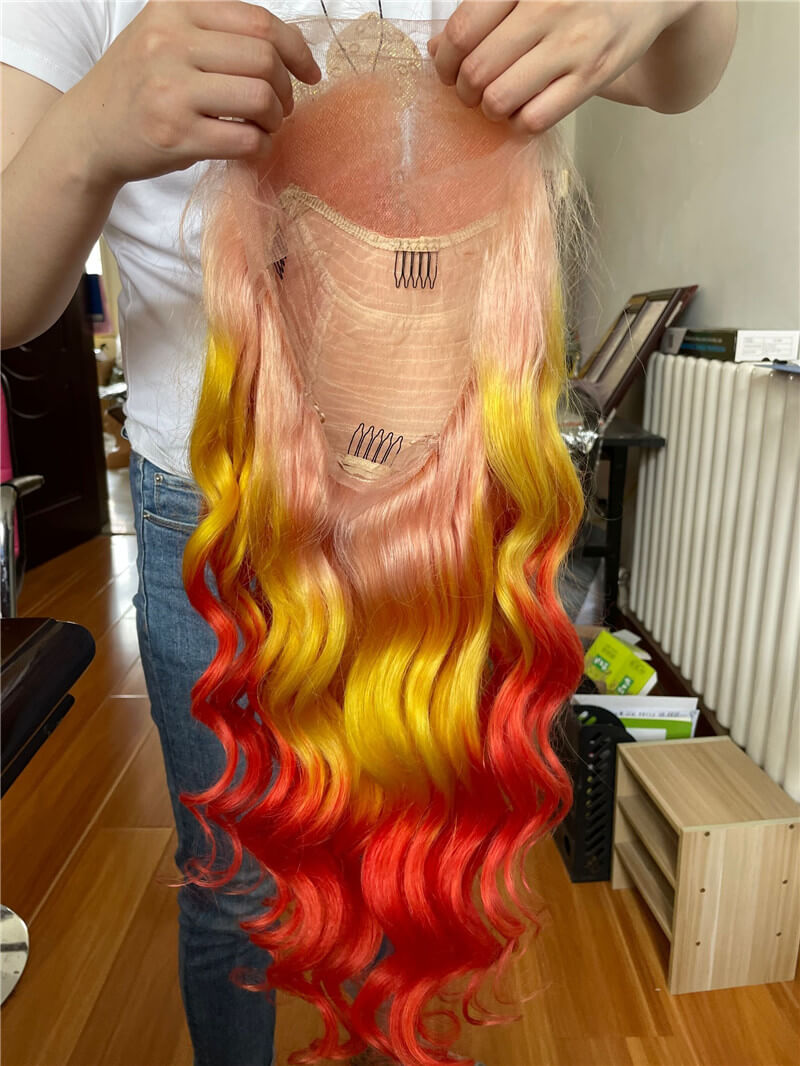 Orangered Color Human Virgin Hair Pre Plucked Ombre Lace Front Wig And 13x4x1 T Part Lace Front wig For Black Woman-6008f3