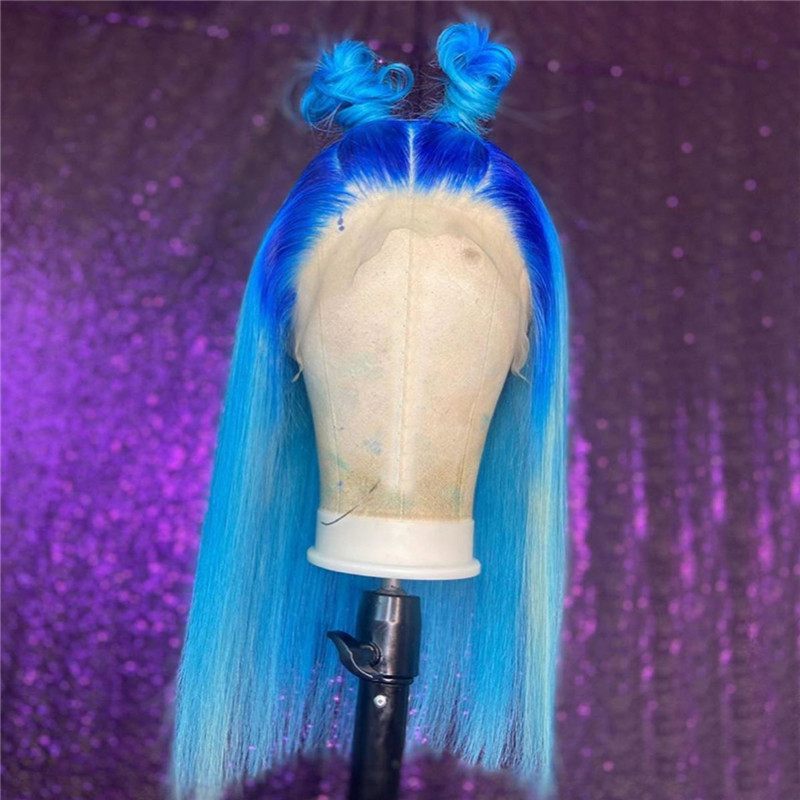 150% Density Bob Lace Front Wigs Blue Ombre Colored Straight Human Hair Wig 13x4 Lace Front Wig Pre Plucked