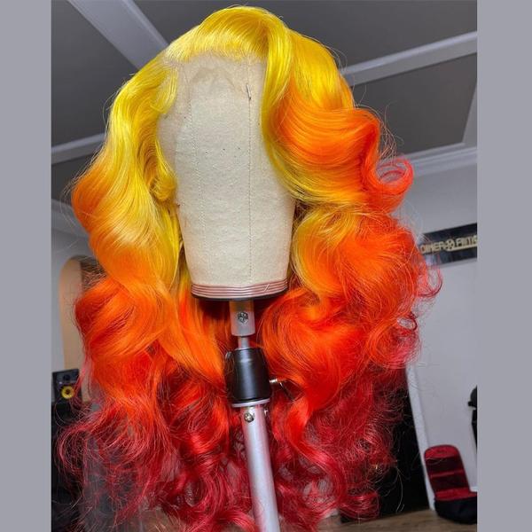 Peruvian Hair Yellow Orange Red Ombre Color Lace Front Wig