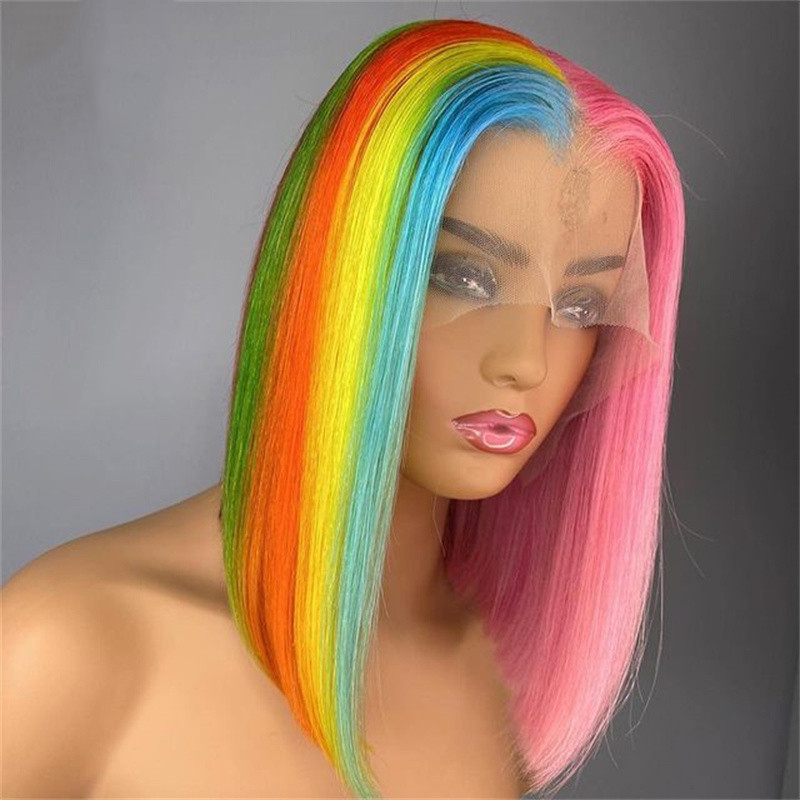 Blue Green Red Colored Rainbow Highlight Wig Human Hair Pre Plucked Pink Bob Wig Straight Lace Front Human Hair Wigs For Women