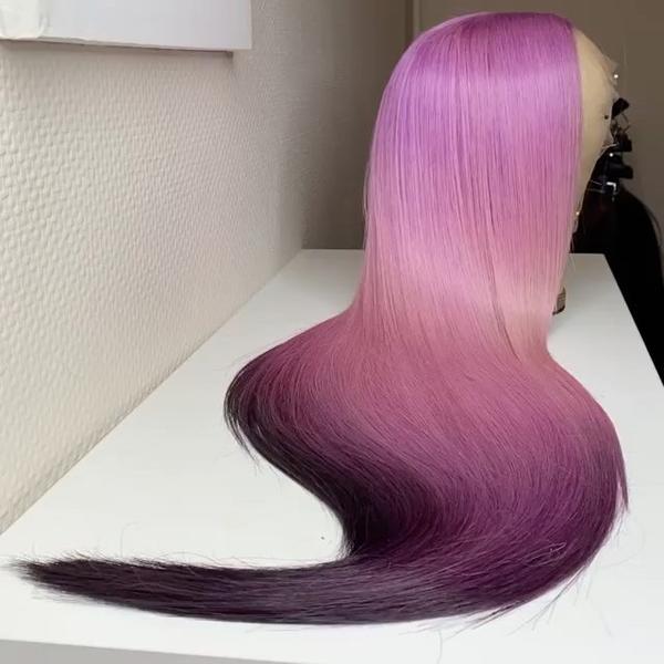 Human Hair Gradient Purple With Black Color Lace Front Wig