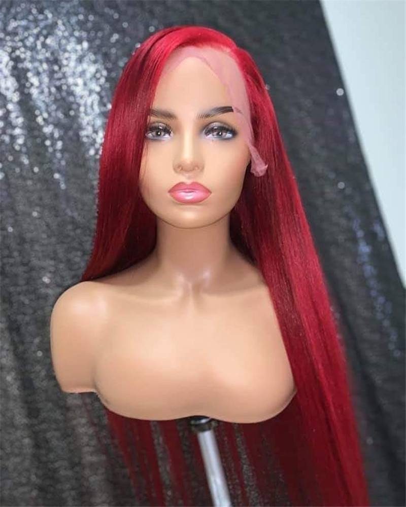 Red Long Straight Lace Front Wigs Brazilian Virgin Human Hair Glueless Pre Plucked Lace Front