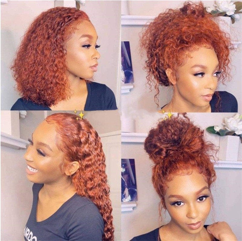 Warm Orange GingerCurly Wigs Human Hair Pre Plucked Glueless Brazilian Virgin Hair  Colored Kinky Curly Lace Wig