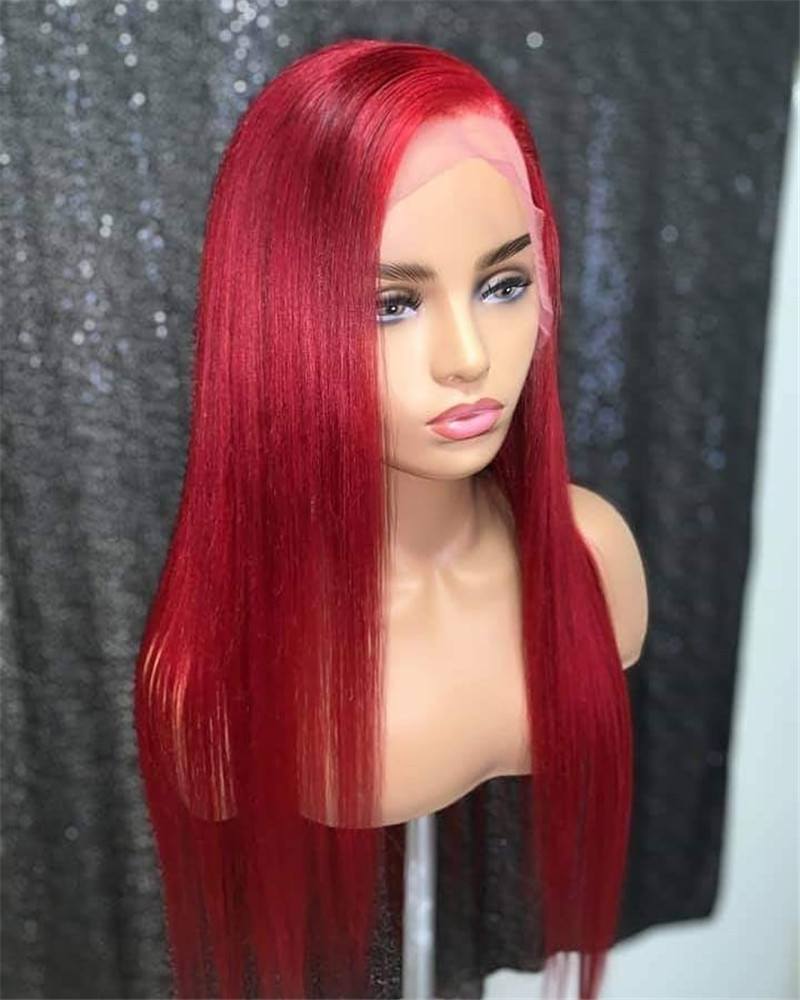 Red Long Straight Lace Front Wigs Brazilian Virgin Human Hair Glueless Pre Plucked Lace Front