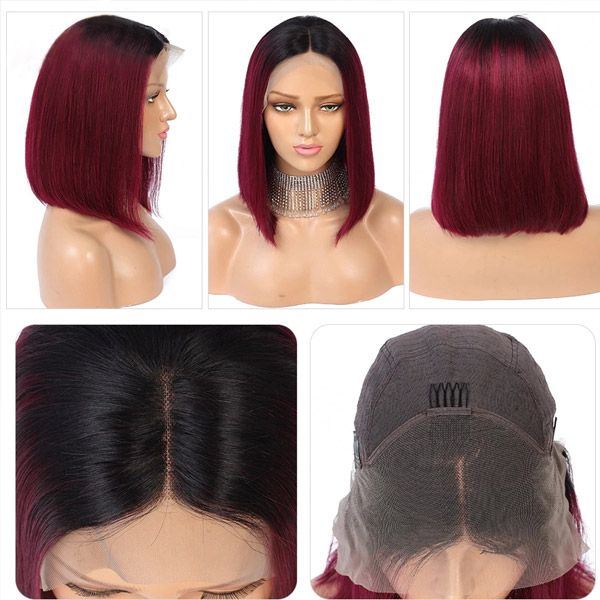 Short Bob 1B 99J Ombre Straight Human Hair Lace Front13x4x1 T Part Lace wigs Virgin Remy Hair With Baby Hair