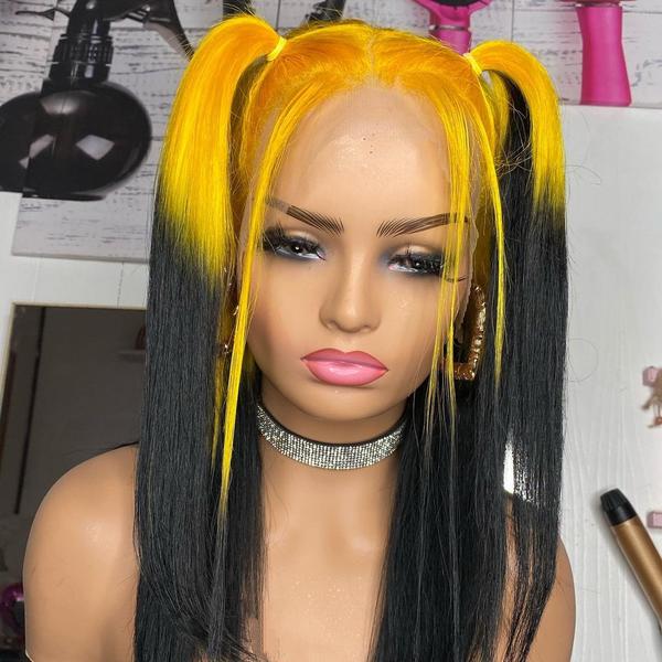 Human Hair Yellow And Black Ombre Color Lace Front Wig