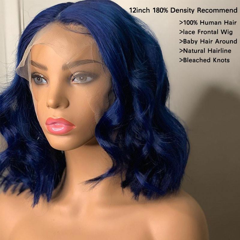 Dark Blue Wave Short Bob Wig Human Hair Lace Front 13x4 T Part LaceHuman Hair Wig For Women Pre Plucked Hairline