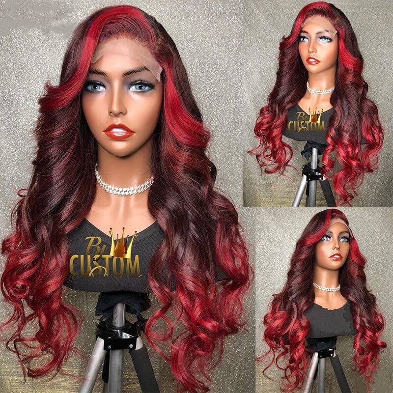 Red Color Lace Front Human Hair Wigs Ombre Red Highlight Burgundy Full Lace Wig