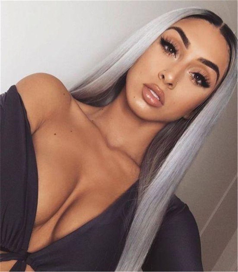 Ombre Gray Long Straight Lace Front 13x4 T Part LaceVirgin Human Hair Wigs for Black Women