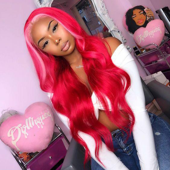 Ombre Wig Red Highlight Pink Body Wave & Straight Virgin Human Hair Lace Front Wig With Baby Hair