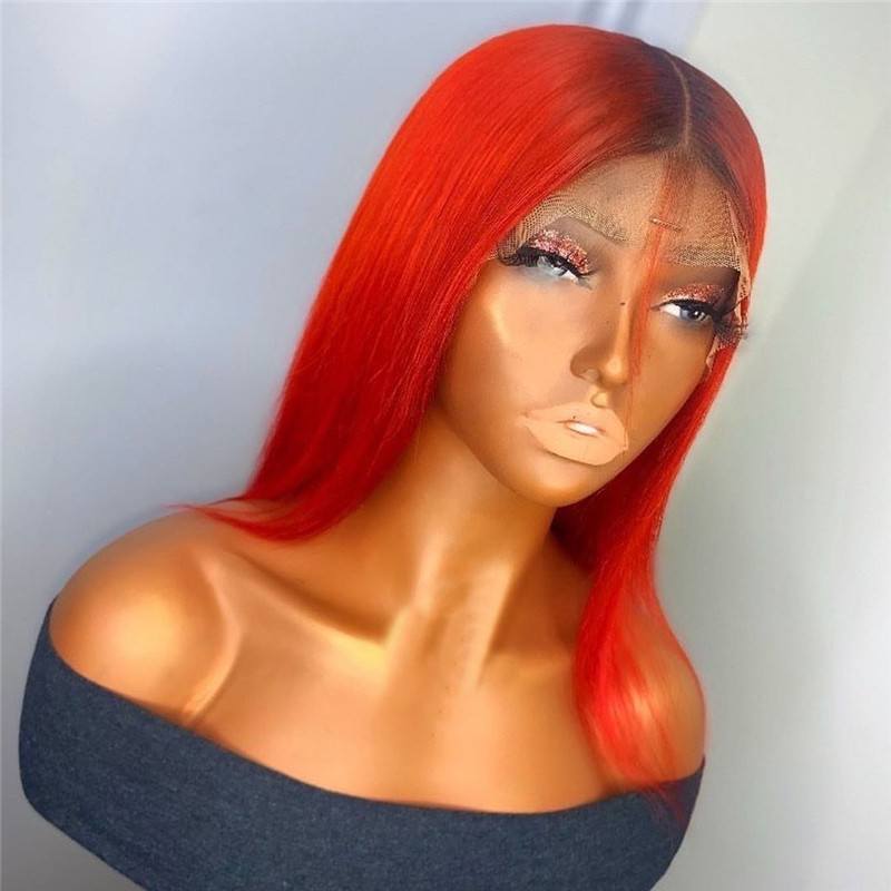 13x4 Deep Part Transparent Lace Red Lace Front Human Hair Wigs 150% Straight Remy Hair Ombre Red Colored Human Hair Bob