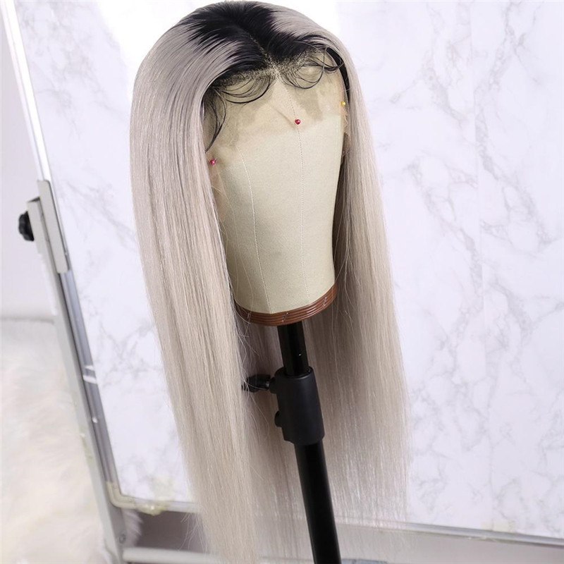 Ombre Gray Long Straight Lace Front 13x4 T Part LaceVirgin Human Hair Wigs for Black Women