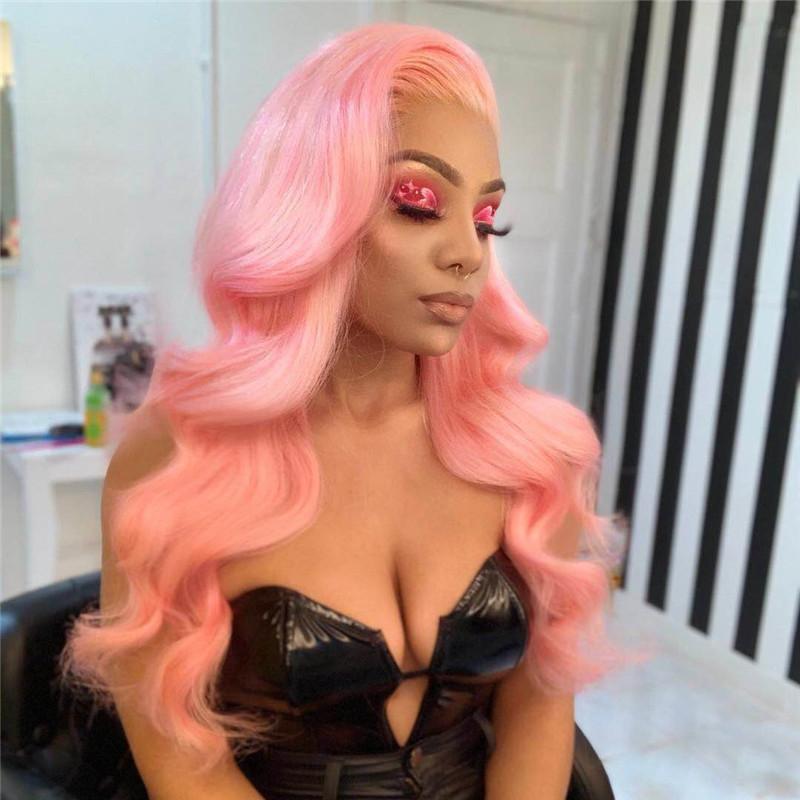 Pink Colored Human Virgin Hair Pink Pre Plucked Lace Front Wig For Black Woman