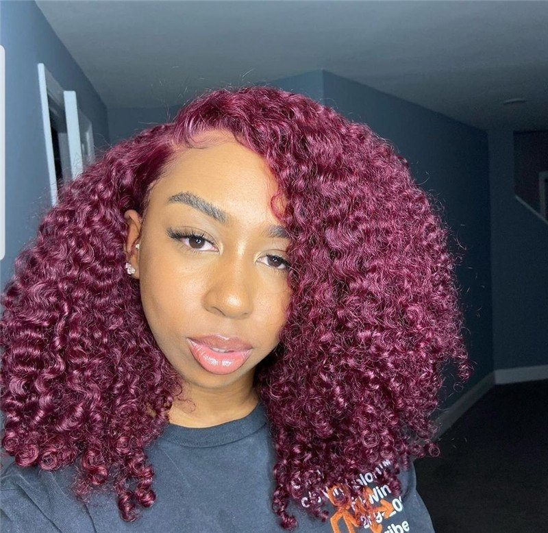 Burgundy Red Color Bob Short Curly Lace Front 99J Red  Curly Human Hair Wigs Preplucked Natural Hairline