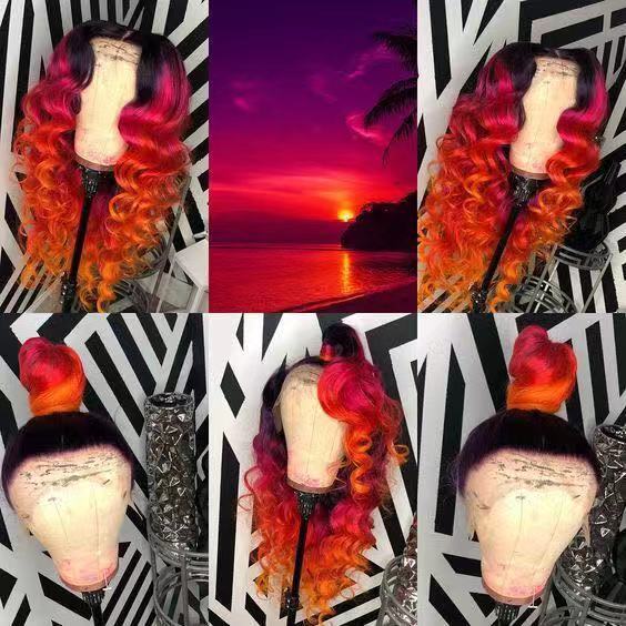 Human Virgin Hair Pre Plucked Ombre Red Color 13x4x1 T Part Lace Front Wigs