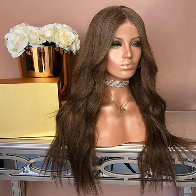 6# Brown Wavy Lace Front Human Hair Wigs Women Middle Part Glueless Full Lace Wigs with Baby Hair Around