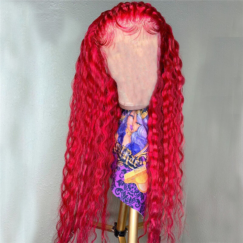Bright Red Water Wave Curly 13x4 T Part LaceHuman Hair Wig Brazilian Virgin Deep Curly Lace Front Wig