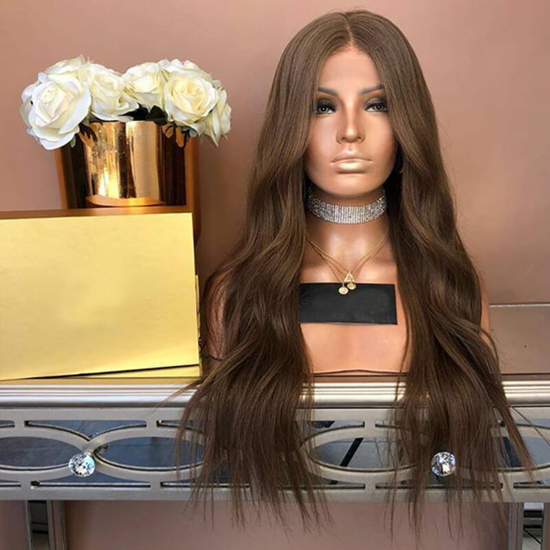 6# Brown Wavy Lace Front Human Hair Wigs Women Middle Part Glueless Full Lace Wigs with Baby Hair Around