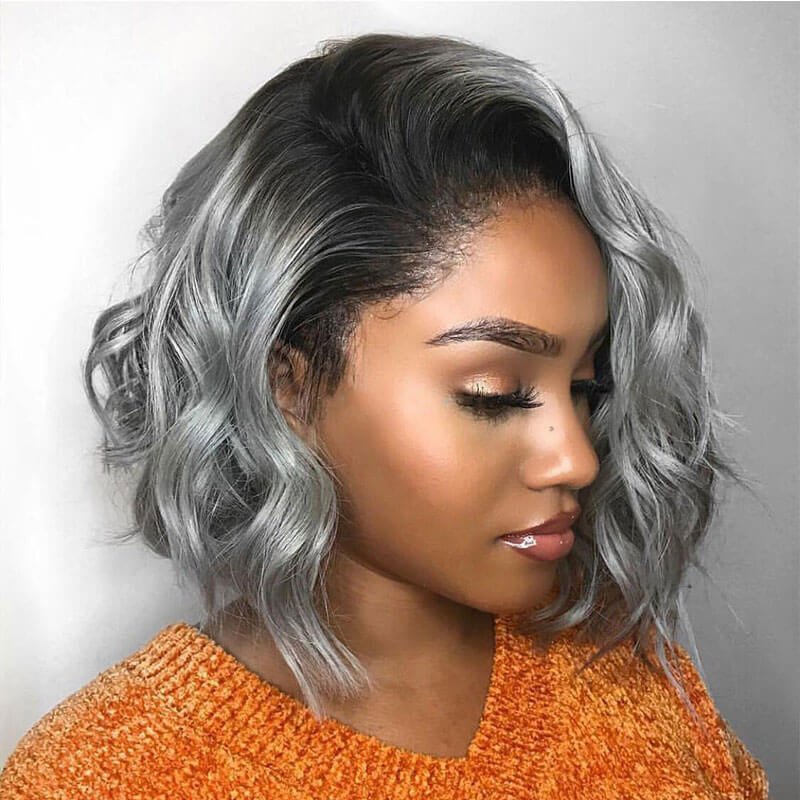 Celebrity Style Wavy Ombre Gray Bob Lace Front Wig Loose Wave Human Hair Natural Looking
